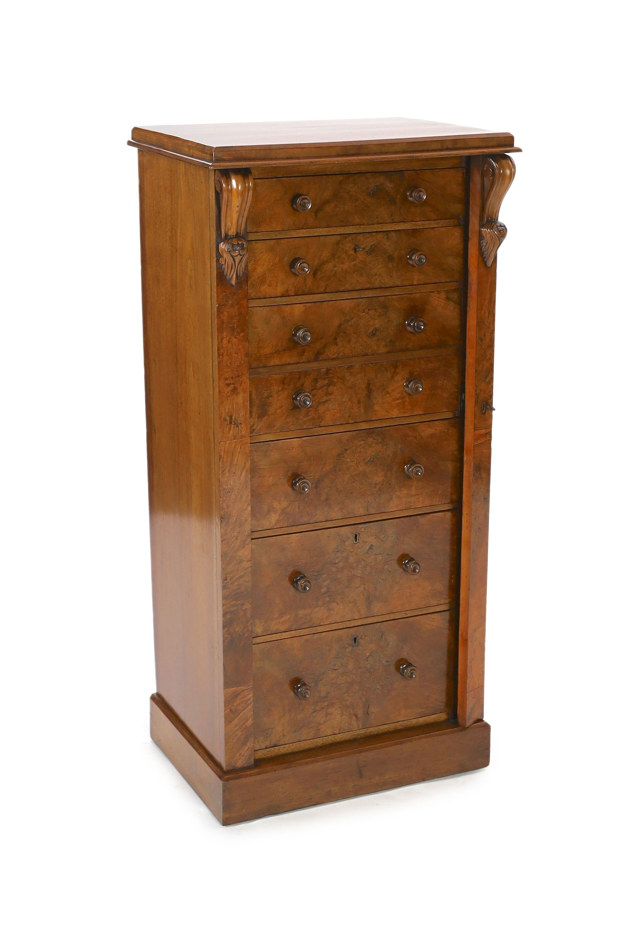 A Victorian figured walnut secretaire Wellington chest, W.59cm D.43cm H.124cm